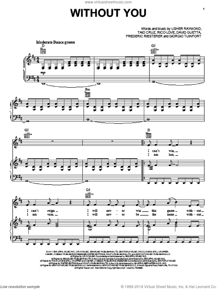 Without You sheet music for voice, piano or guitar by David Guetta featuring Usher, Gary Usher, David Guetta, Frederic Riesterer, Giorgio Tuinfort, Rico Love, Taio Cruz and Usher Raymond, intermediate skill level