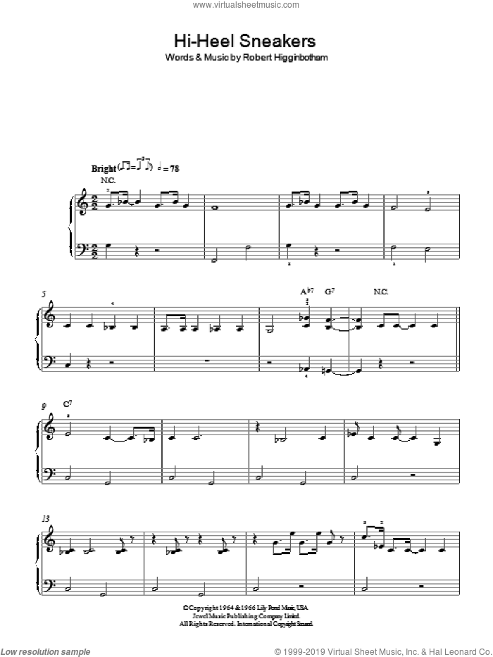 Hi-Heel Sneakers, (easy) sheet music for piano solo by Tommy Tucker and Robert Higginbotham, easy skill level