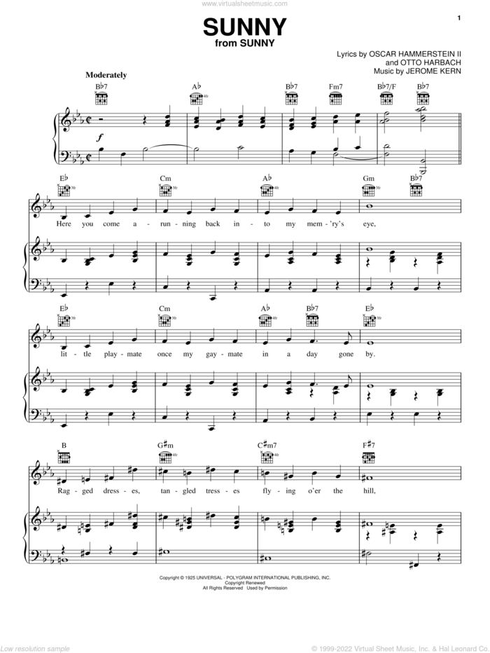 Sunny sheet music for voice, piano or guitar by Jerome Kern, Oscar II Hammerstein and Otto Harbach, intermediate skill level