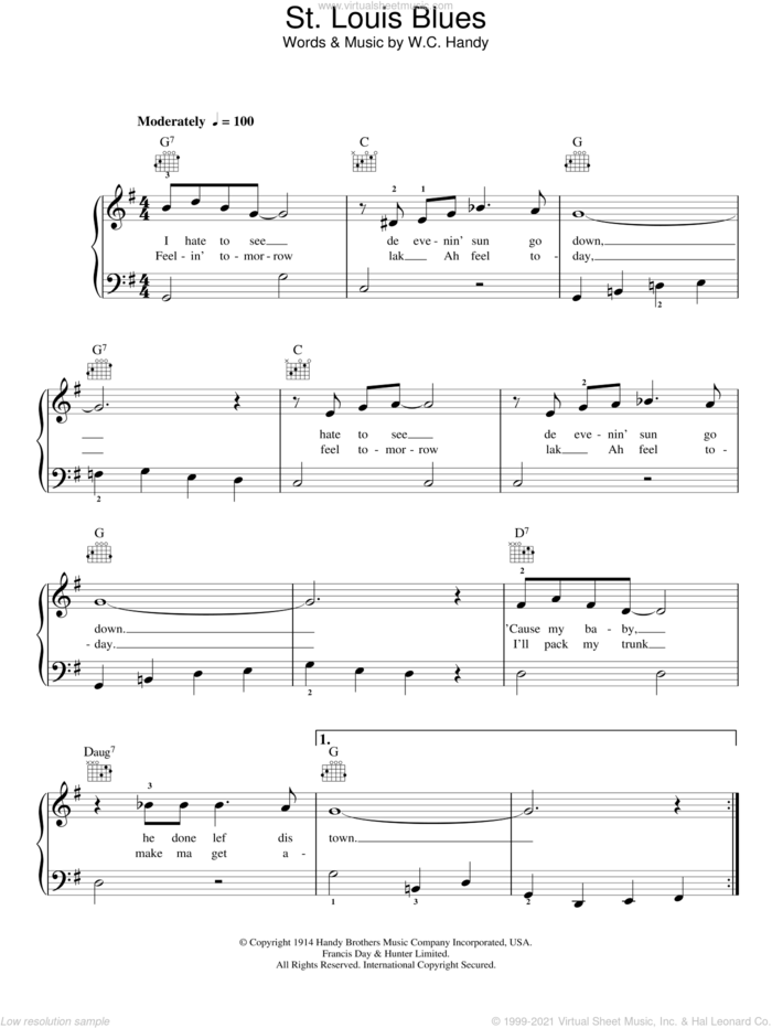 St. Louis Blues sheet music for piano solo by W.C. Handy, easy skill level