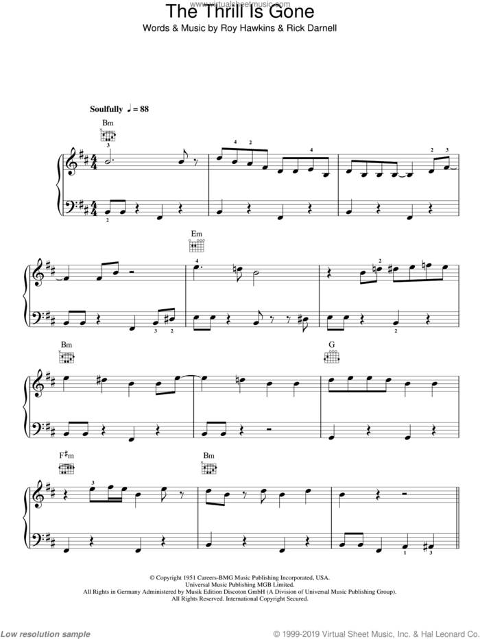 The Thrill Is Gone, (easy) sheet music for piano solo by B.B. King, Rick Darnell and Roy Hawkins, easy skill level