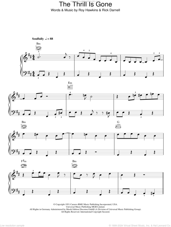 The Thrill Is Gone, (easy) sheet music for piano solo by B.B. King, Rick Darnell and Roy Hawkins, easy skill level