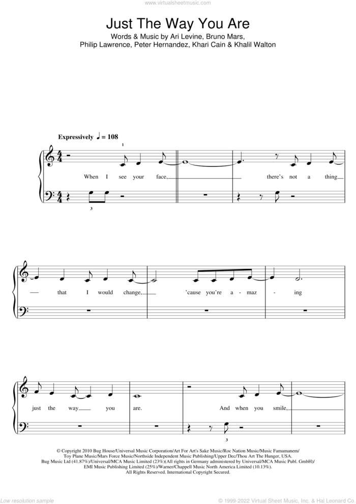 Just The Way You Are sheet music for piano solo (5-fingers) by Bruno Mars, Ari Levine, Khalil Walton, Khari Cain, Peter Hernandez and Philip Lawrence, wedding score, beginner piano (5-fingers)