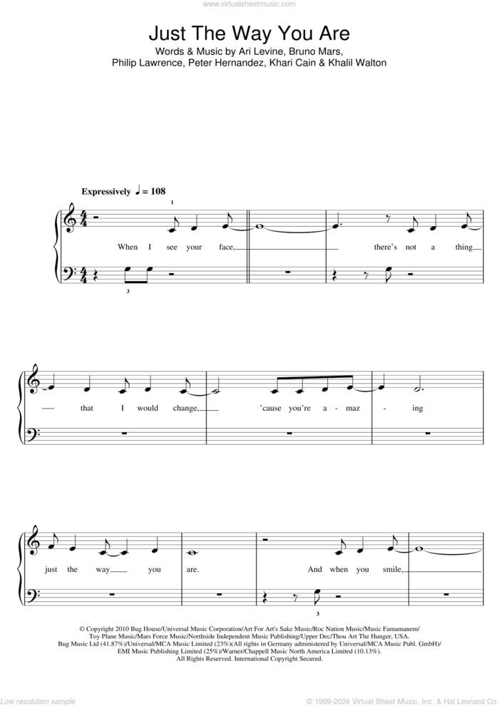 Just The Way You Are sheet music for piano solo (5-fingers) by Bruno Mars, Ari Levine, Khalil Walton, Khari Cain, Peter Hernandez and Philip Lawrence, wedding score, beginner piano (5-fingers)