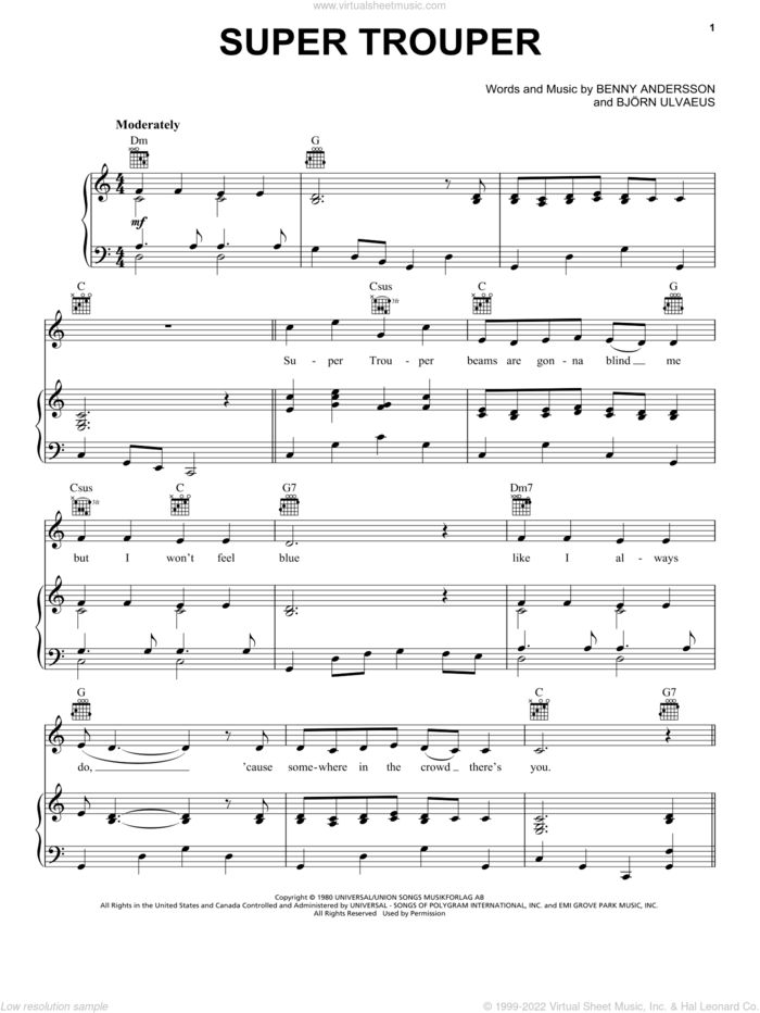 Super Trouper sheet music for voice, piano or guitar by ABBA, Mamma Mia! (Movie), Mamma Mia! (Musical), Benny Andersson and Bjorn Ulvaeus, intermediate skill level