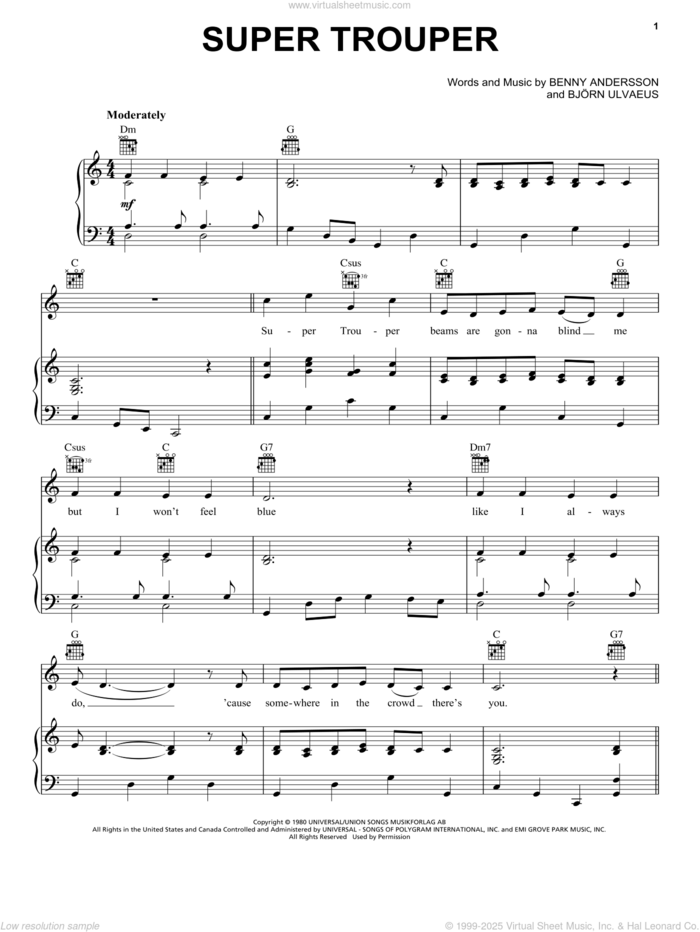 Super Trouper sheet music for voice, piano or guitar by ABBA, Mamma Mia! (Movie), Mamma Mia! (Musical), Benny Andersson and Bjorn Ulvaeus, intermediate skill level