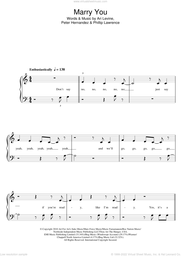 Marry You sheet music for piano solo (5-fingers) by Bruno Mars, Ari Levine, Peter Hernandez and Philip Lawrence, wedding score, beginner piano (5-fingers)