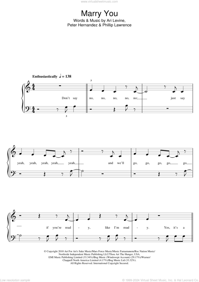 Marry You sheet music for piano solo (5-fingers) by Bruno Mars, Ari Levine, Peter Hernandez and Philip Lawrence, wedding score, beginner piano (5-fingers)