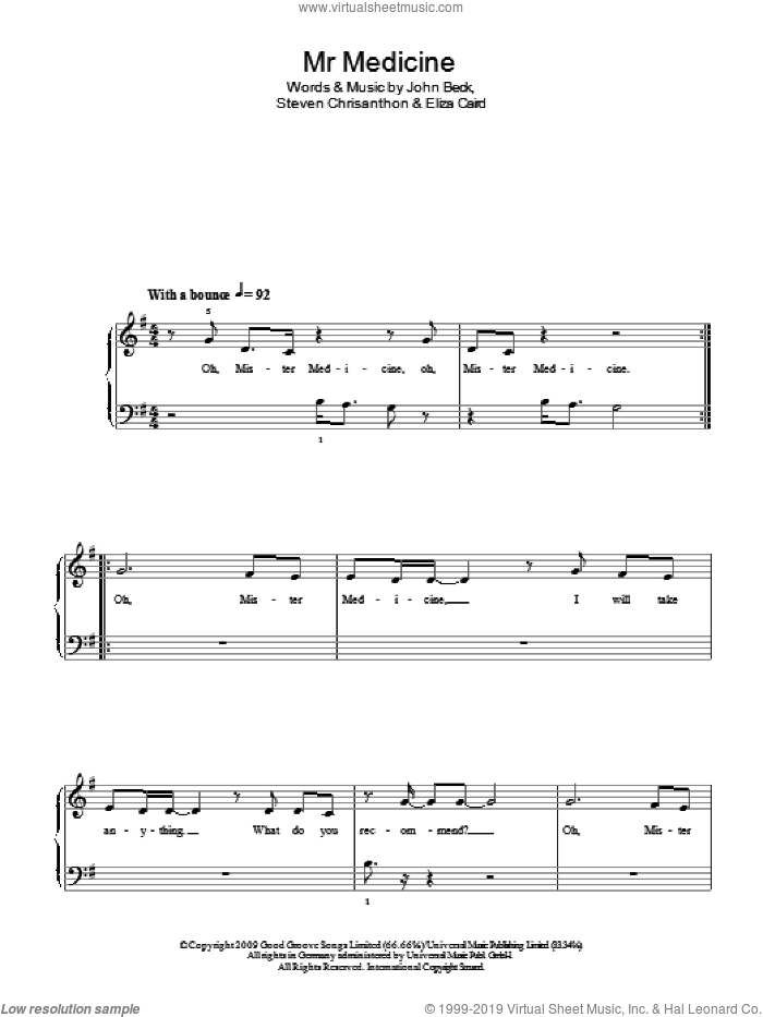 Mr Medicine sheet music for piano solo by Eliza Doolittle, Eliza Caird, John Beck and Steven Chrisanthon, easy skill level