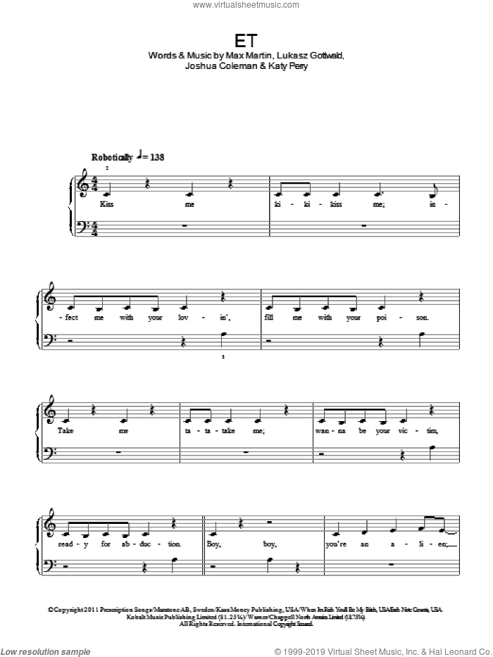 E.T. sheet music for piano solo by Katy Perry, Joshua Coleman, Lukasz Gottwald and Max Martin, easy skill level