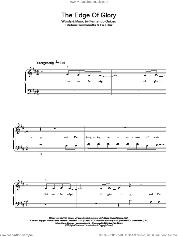 The Edge Of Glory, (easy) sheet music for piano solo by Lady Gaga, Fernando Garibay and Paul Blair, easy skill level