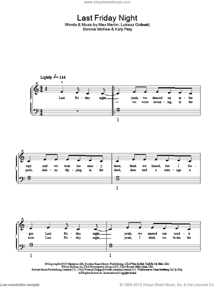 Last Friday Night sheet music for piano solo by Katy Perry, Bonnie McKee, Lukasz Gottwald and Max Martin, easy skill level