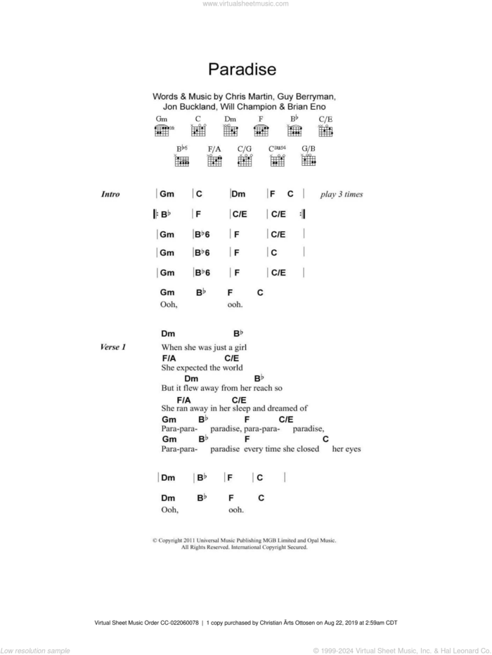 Paradise sheet music for guitar (chords) by Coldplay, Brian Eno, Chris Martin, Guy Berryman, Jon Buckland and Will Champion, intermediate skill level