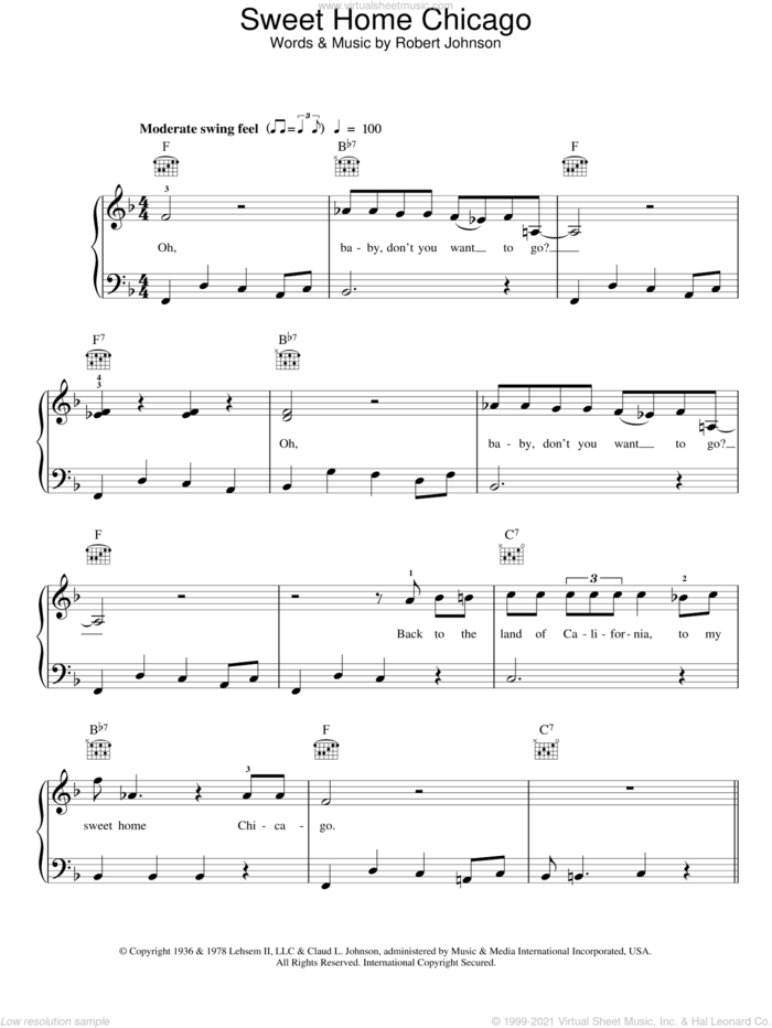 Sweet Home Chicago sheet music for piano solo by Robert Johnson, easy skill level