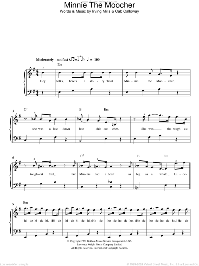 Minnie The Moocher sheet music for piano solo by Cab Calloway and Irving Mills, easy skill level