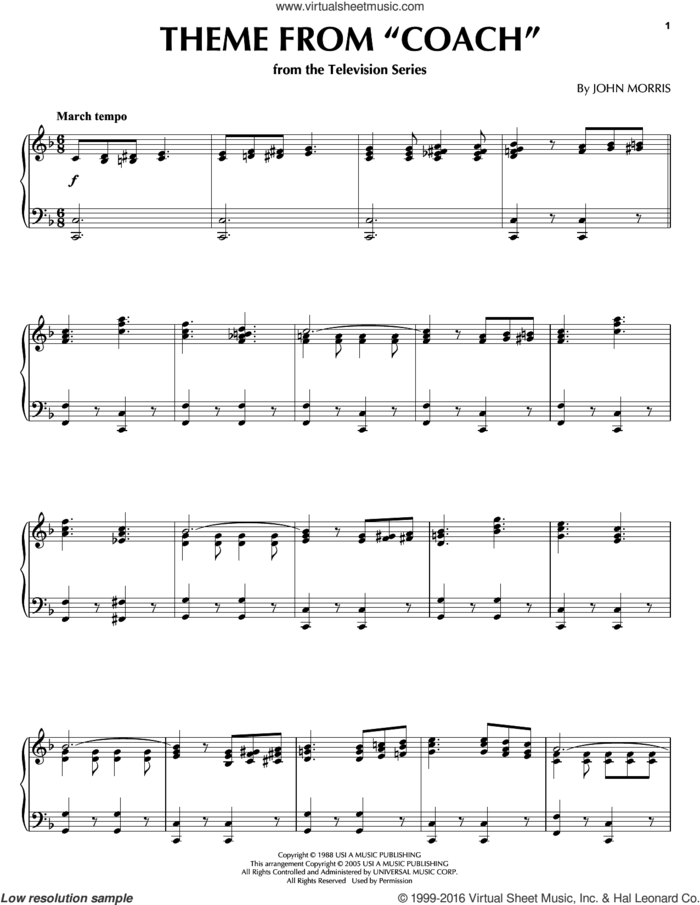 Theme From 'Coach' sheet music for piano solo by John Morris, intermediate skill level