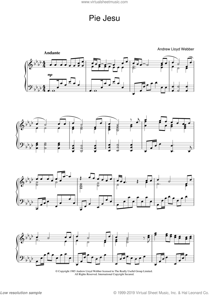Pie Jesu (from Requiem) sheet music for piano solo by Andrew Lloyd Webber, classical score, intermediate skill level