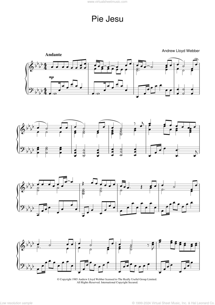 Pie Jesu (from Requiem) sheet music for piano solo by Andrew Lloyd Webber, classical score, intermediate skill level