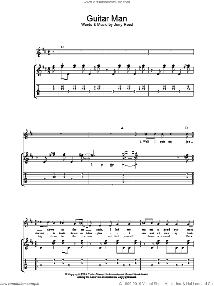 Guitar Man sheet music for guitar (tablature) by Elvis Presley and Jerry Reed, intermediate skill level