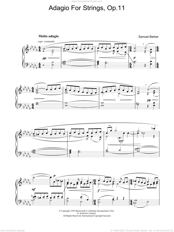 Adagio For Strings Op. 11, (intermediate) sheet music for piano solo by Samuel Barber, classical score, intermediate skill level
