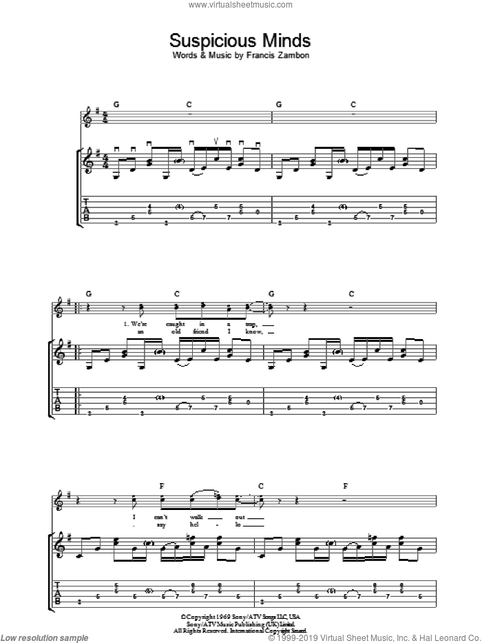 Suspicious Minds sheet music for guitar (tablature) by Elvis Presley and Francis Zambon, intermediate skill level