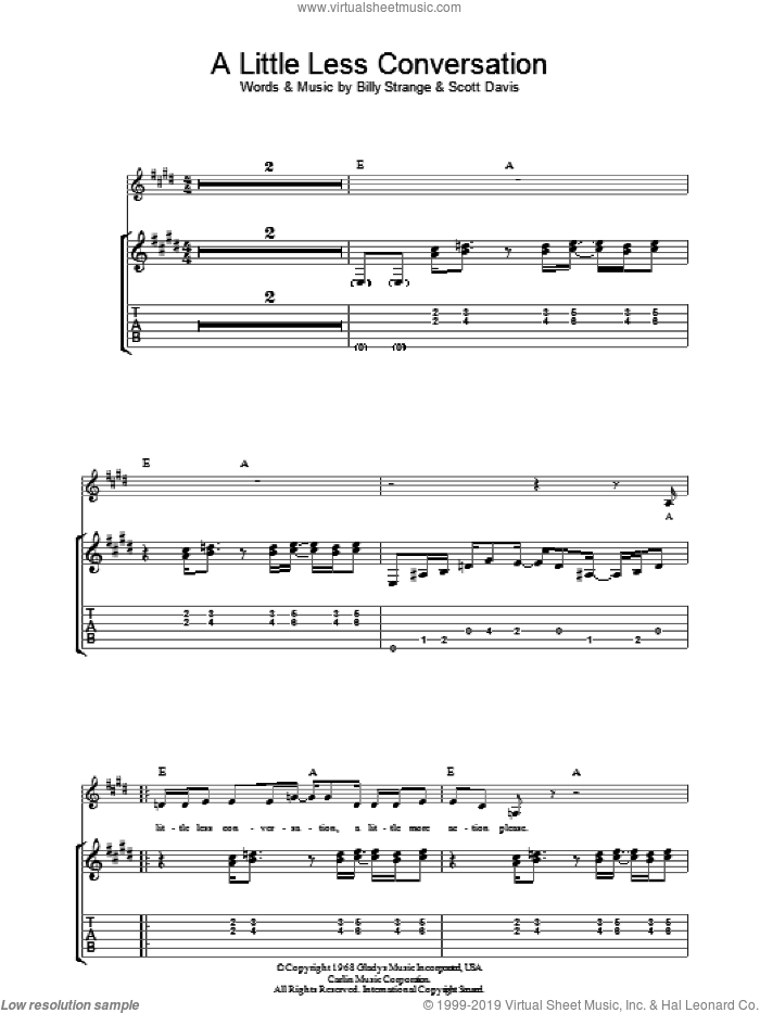 A Little Less Conversation sheet music for guitar (tablature) by Elvis Presley, Billy Strange and Scott Davis, intermediate skill level