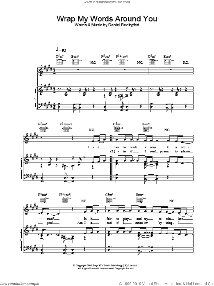 Wrap My Words Around You sheet music for voice, piano or guitar by Daniel Bedingfield, intermediate skill level