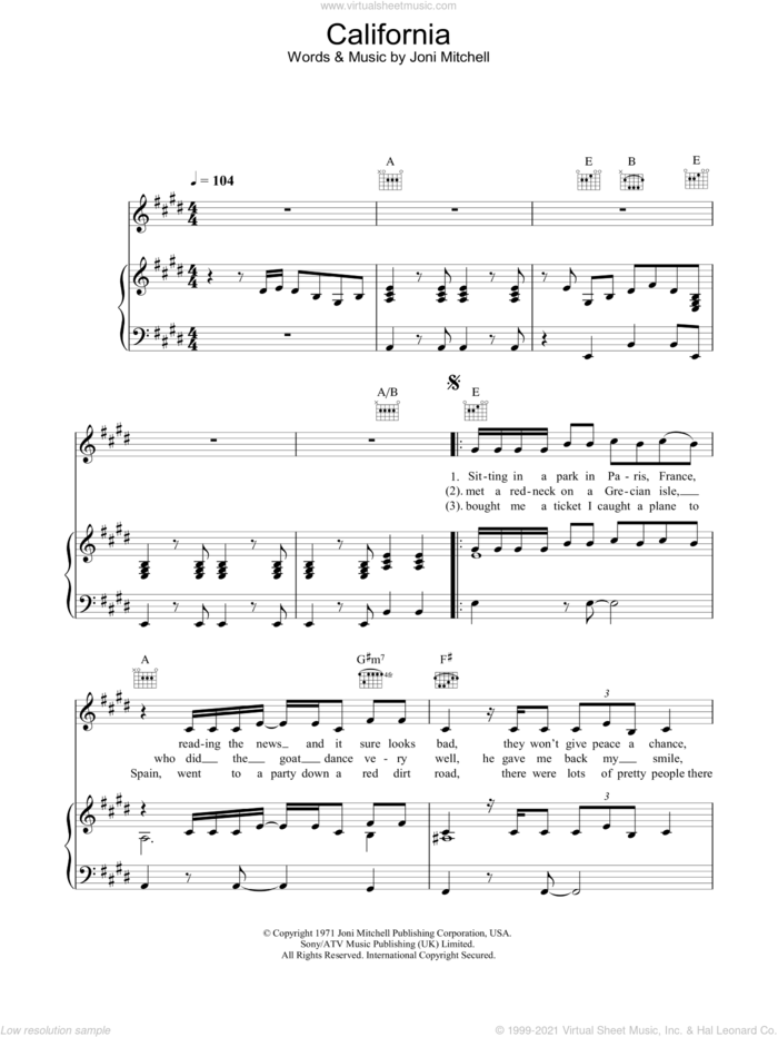California sheet music for voice, piano or guitar by Joni Mitchell, intermediate skill level