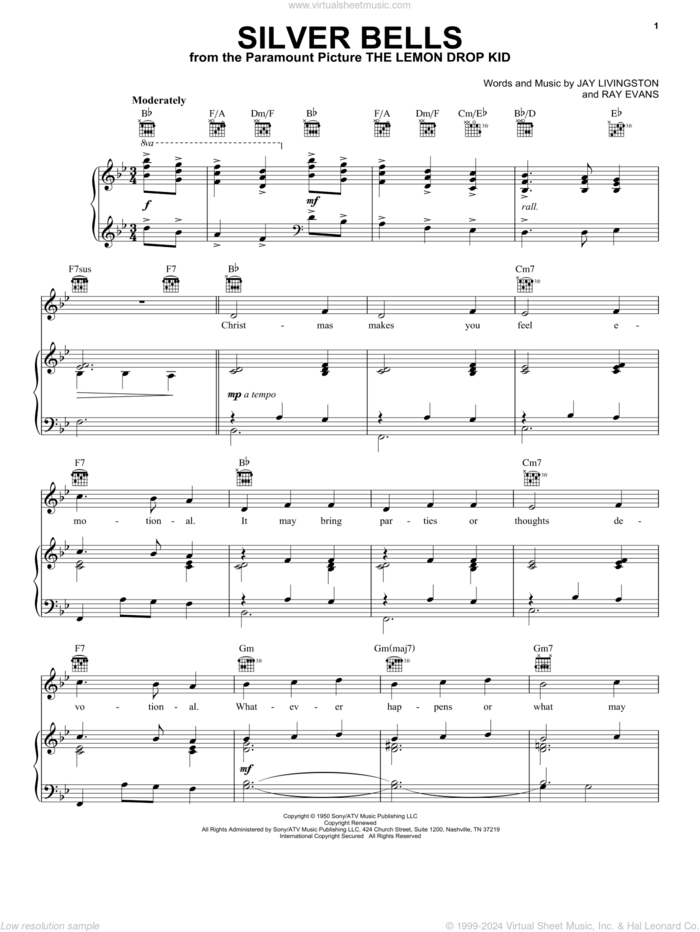 Silver Bells sheet music for voice, piano or guitar by Elvis Presley, Jay Livingston and Ray Evans, intermediate skill level