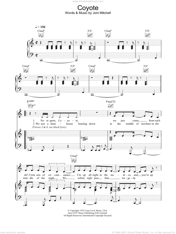 Coyote sheet music for voice, piano or guitar by Joni Mitchell, intermediate skill level