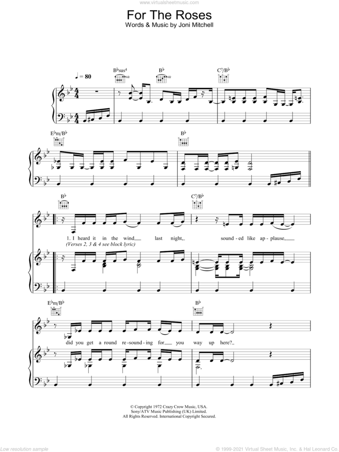For The Roses sheet music for voice, piano or guitar by Joni Mitchell, intermediate skill level
