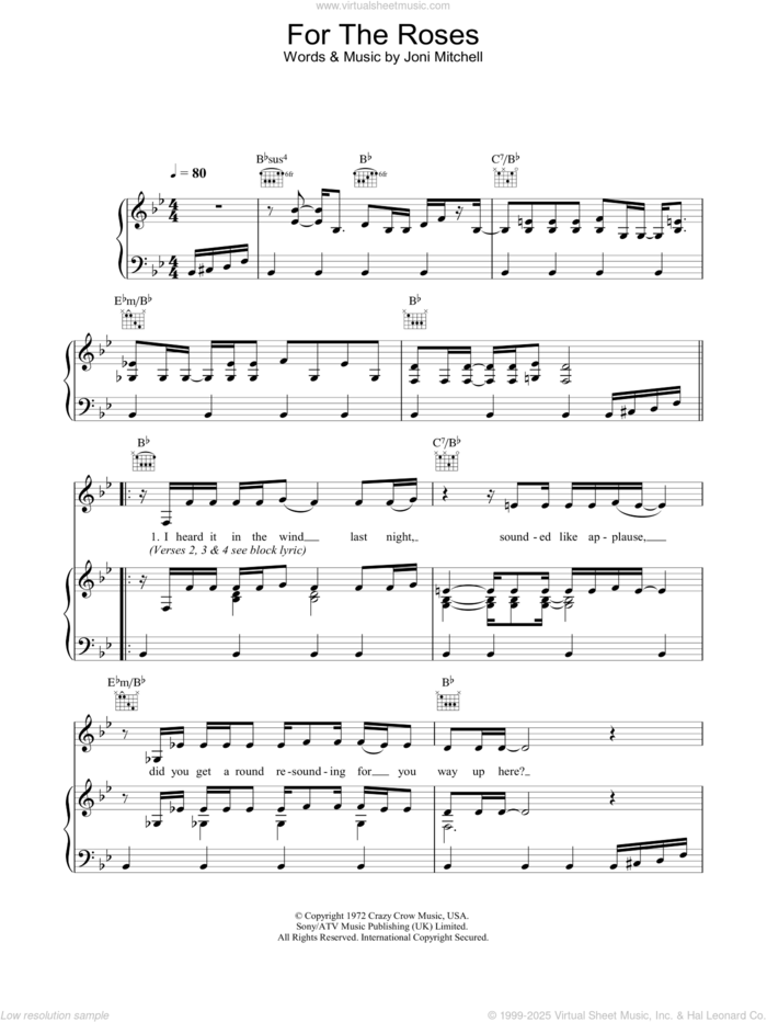 For The Roses sheet music for voice, piano or guitar by Joni Mitchell, intermediate skill level