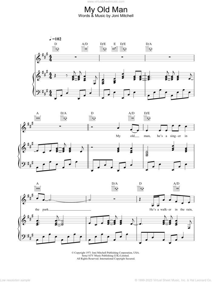 My Old Man sheet music for voice, piano or guitar by Joni Mitchell, intermediate skill level