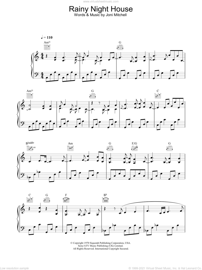 Rainy Night House sheet music for voice, piano or guitar by Joni Mitchell, intermediate skill level