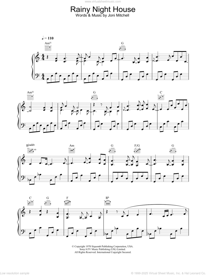 Rainy Night House sheet music for voice, piano or guitar by Joni Mitchell, intermediate skill level