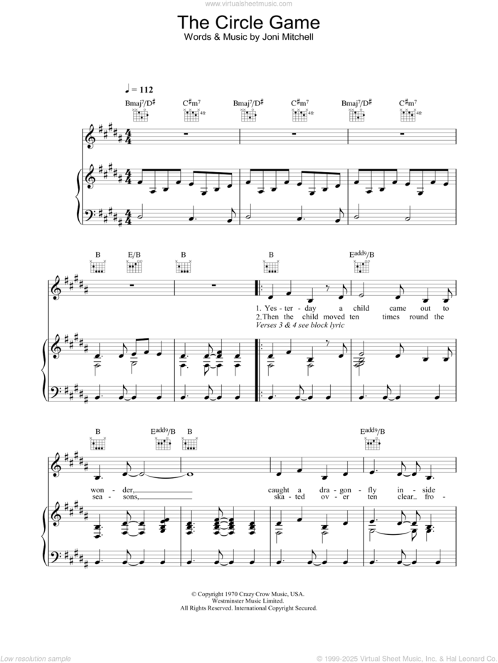 The Circle Game sheet music for voice, piano or guitar by Joni Mitchell, intermediate skill level