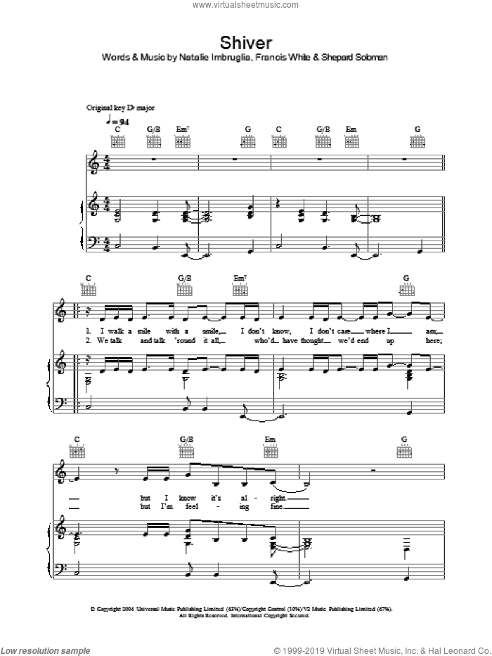 Shiver sheet music for voice, piano or guitar by Natalie Imbruglia, Francis White and Sheppard Solomon, intermediate skill level
