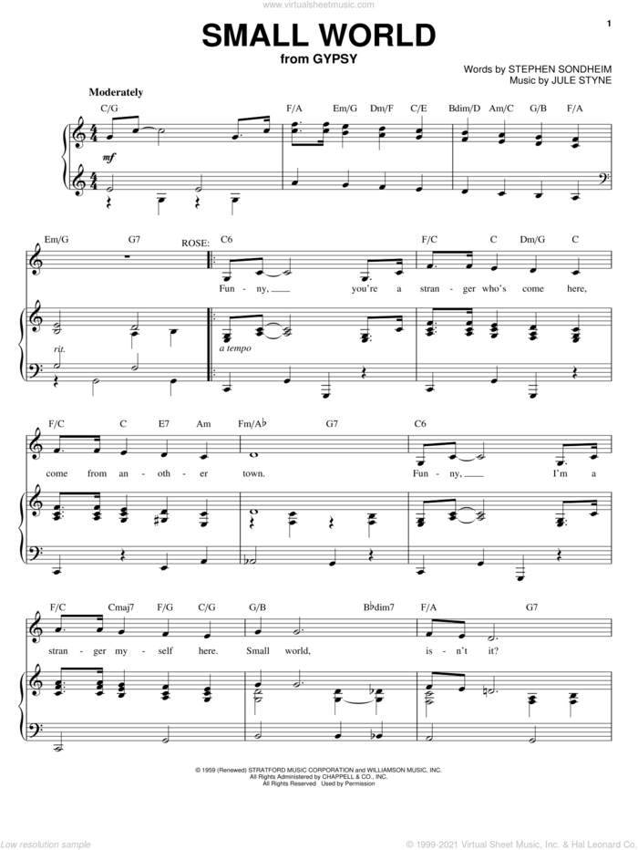 Small World sheet music for voice, piano or guitar by Stephen Sondheim, Gypsy (Musical) and Jule Styne, intermediate skill level