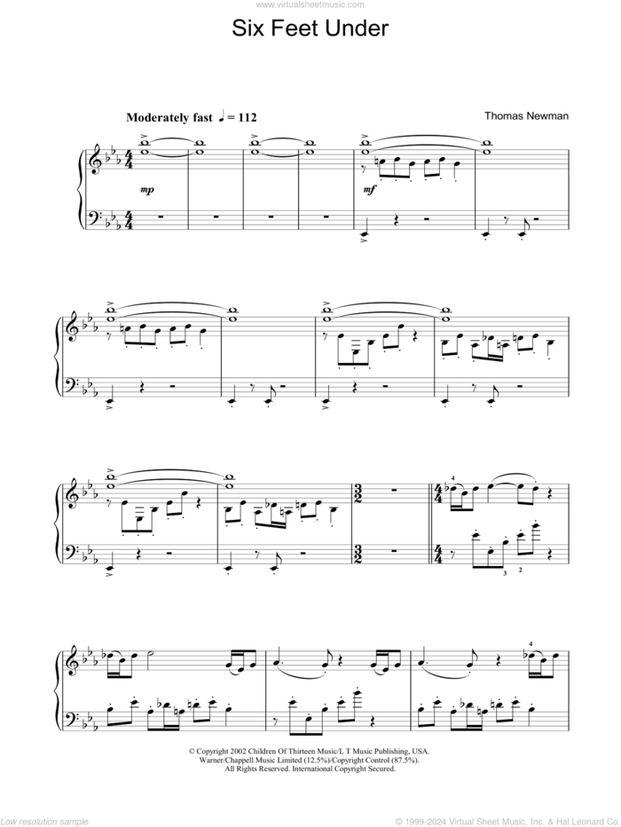 Six Feet Under (Theme) sheet music for piano solo by Thomas Newman, intermediate skill level