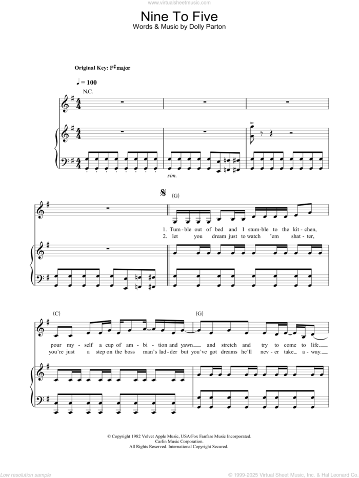 Nine To Five sheet music for voice, piano or guitar by Dolly Parton, intermediate skill level