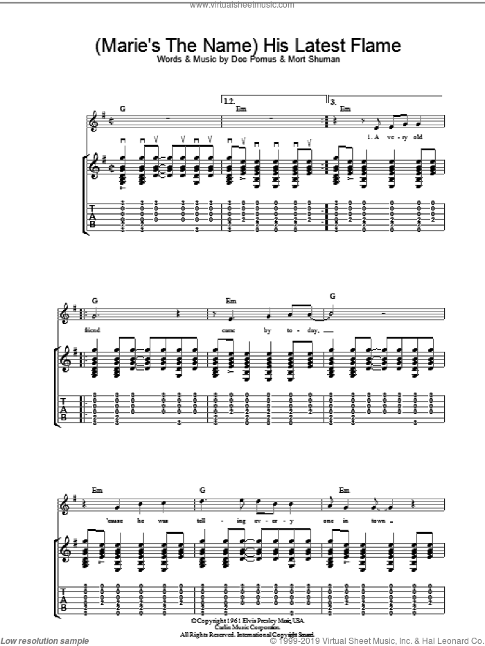 His Latest Flame sheet music for guitar (tablature) by Elvis Presley, Doc Pomus, Jerome Pomus and Mort Shuman, intermediate skill level