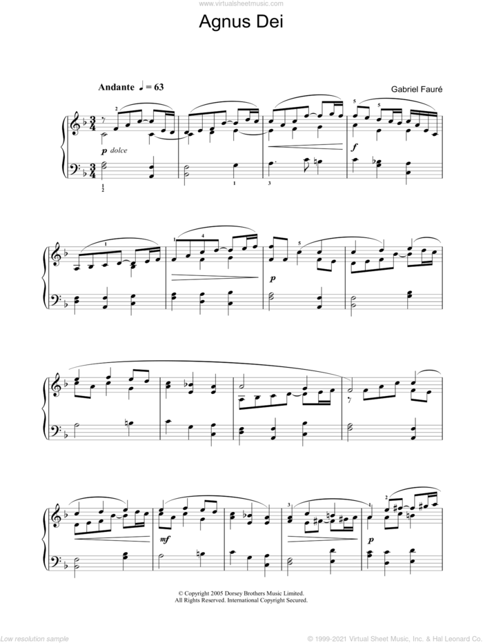 Agnus Dei (from 'Requiem') sheet music for piano solo by Gabriel Faure and Philip Lawrence, classical score, intermediate skill level