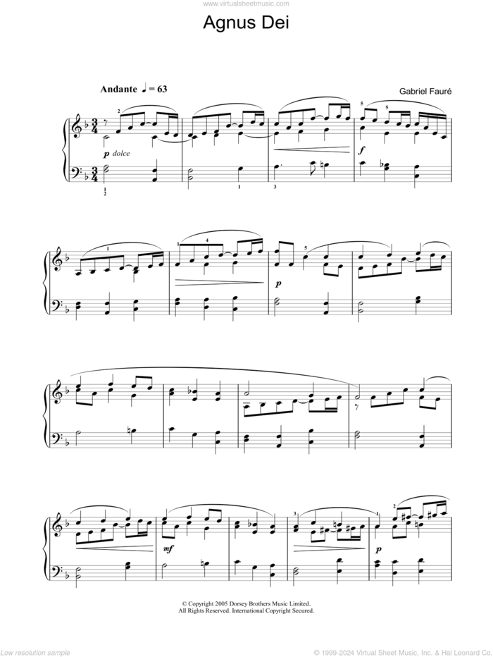 Agnus Dei (from 'Requiem') sheet music for piano solo by Gabriel Faure and Philip Lawrence, classical score, intermediate skill level