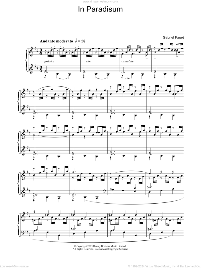 In Paradisum from 'Requiem' sheet music for piano solo by Gabriel Faure, classical score, intermediate skill level