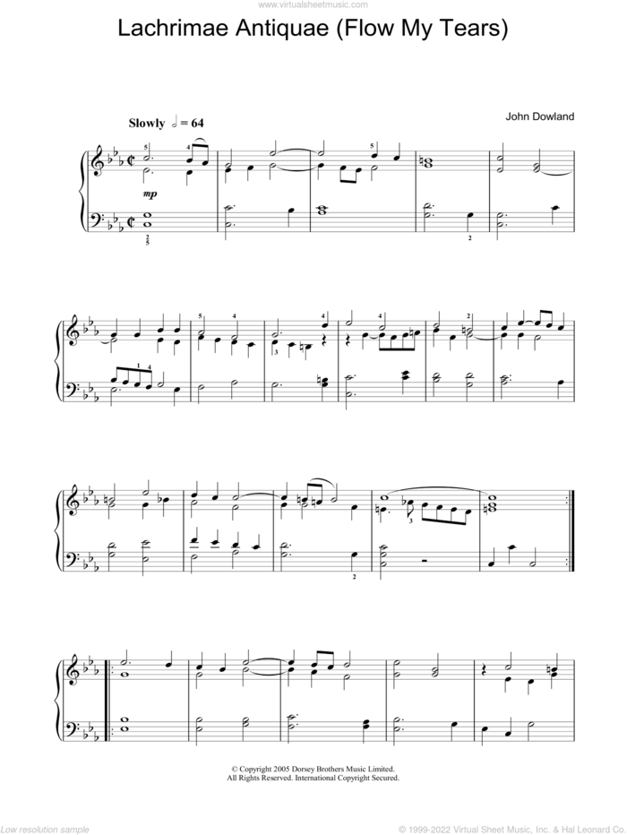 Lachrimae Antiquae (Flow My Tears), (intermediate) sheet music for piano solo by John Dowland and John Downland, intermediate skill level