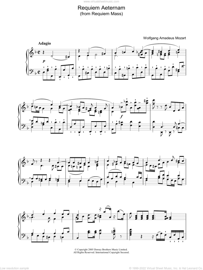 Requiem Aeternam (from 'Requiem') sheet music for piano solo by Wolfgang Amadeus Mozart, classical score, intermediate skill level