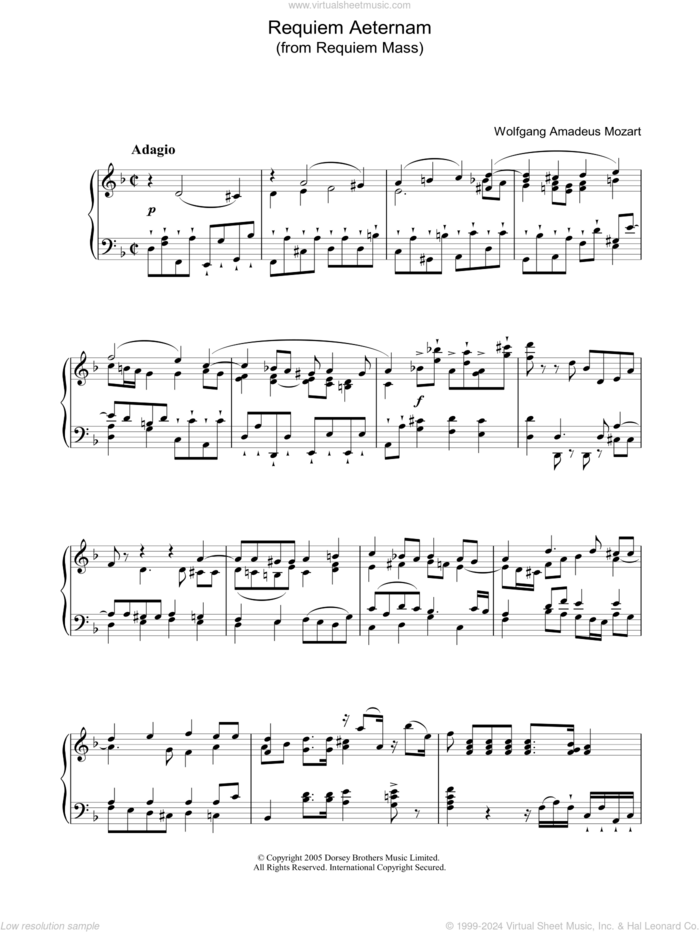 Requiem Aeternam (from 'Requiem') sheet music for piano solo by Wolfgang Amadeus Mozart, classical score, intermediate skill level