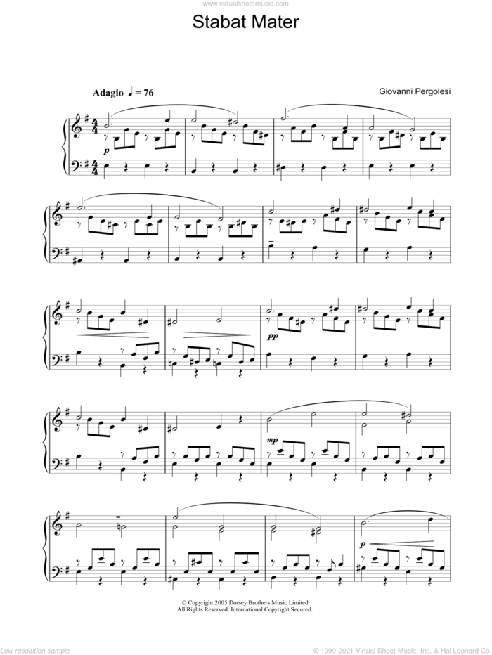 Stabat Mater sheet music for piano solo by Giovanni Battista Pergolesi, classical score, intermediate skill level