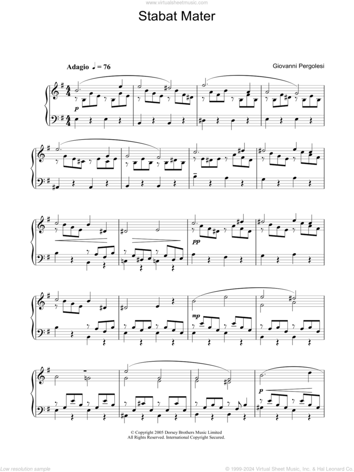 Stabat Mater sheet music for piano solo by Giovanni Battista Pergolesi, classical score, intermediate skill level