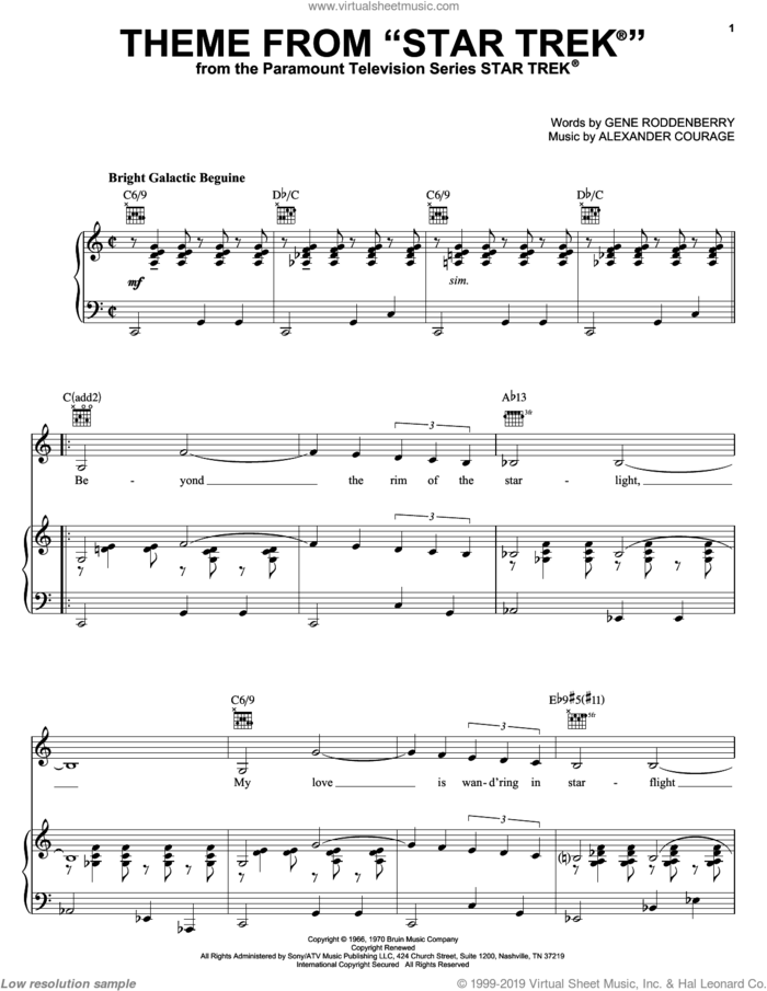 Theme from Star Trek(R) sheet music for voice, piano or guitar by Alexander Courage and Gene Roddenberry, intermediate skill level
